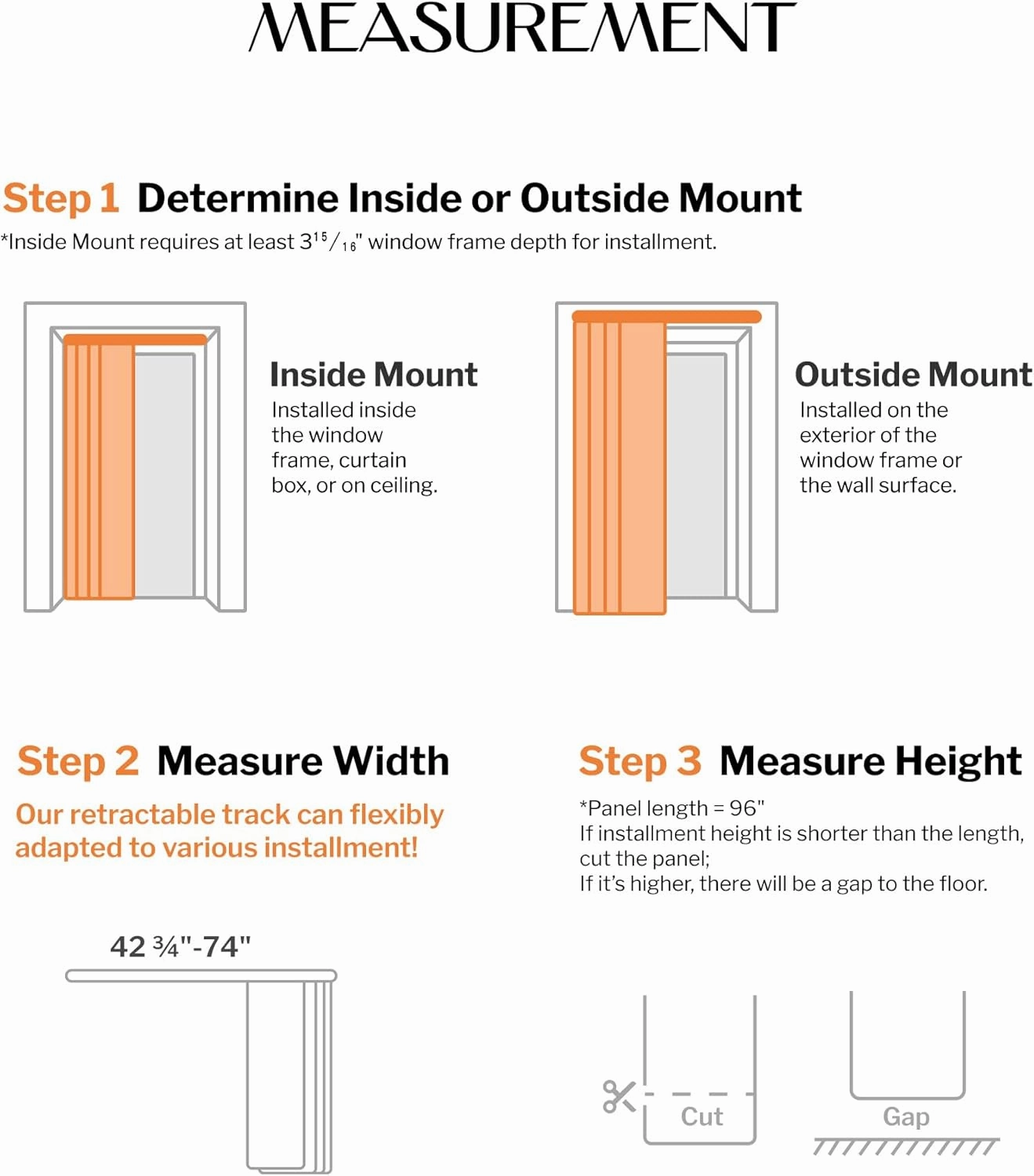 Adjustable Panel Track Blinds Blackout Vertical Blinds with Valance, Sliding Glass Door Blinds, Room Dividers, Retractable Track from 42" to 74" W, Trimmable Panel Up to 96" H (Dark Grey)