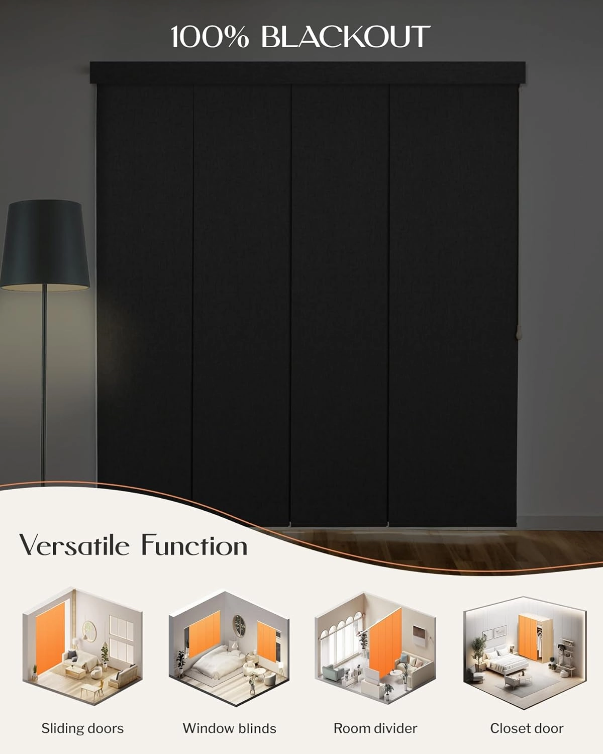 Adjustable Panel Track Blinds Blackout Vertical Blinds with Valance, Sliding Glass Door Blinds, Room Dividers, Retractable Track from 42" to 74" W, Trimmable Panel Up to 96" H (Dark Grey)