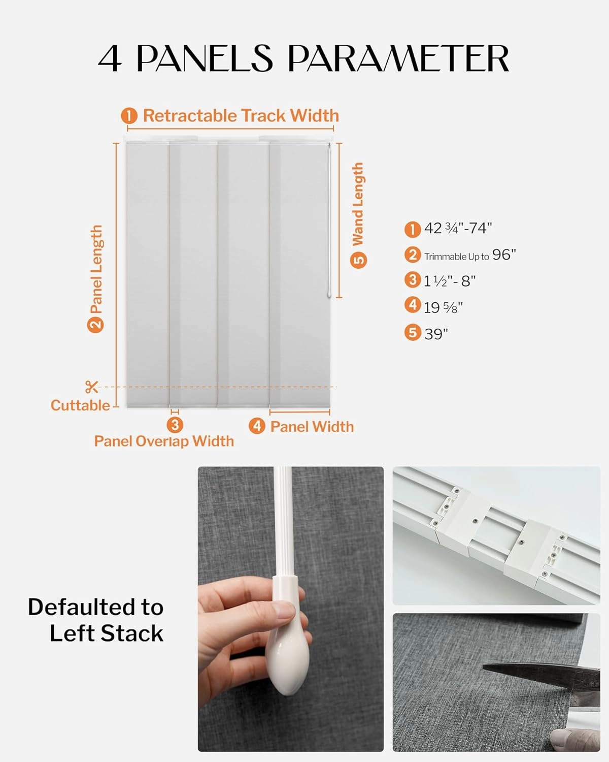 Adjustable Panel Track Blinds Manual Blackout Vertical Blinds for Sliding Door (Dimout - Texture White, 74" W x 96" H)
