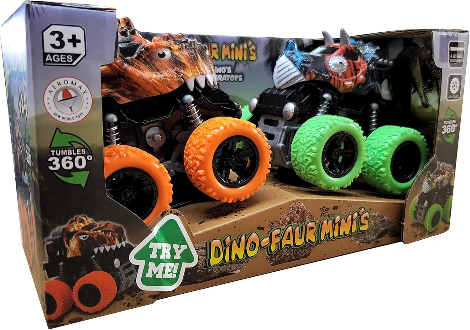Aeromax Dino-Faur Mini Friction Powered Push N Go Truck TREX and Triceratops 2 Pack (PBDB-C)