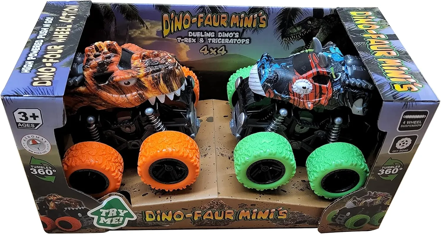 Aeromax Dino-Faur Mini Friction Powered Push N Go Truck TREX and Triceratops 2 Pack (PBDB-C)