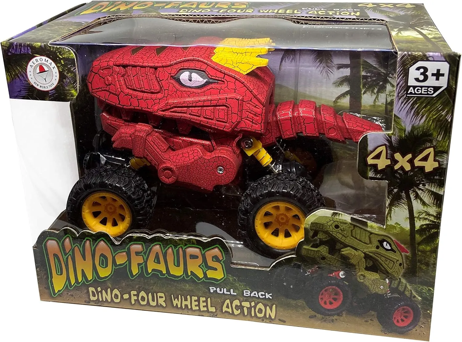 Aeromax Dino-Faur Pull Back Dinosaur Truck, Red with Yellow Accent (PBDB-B)