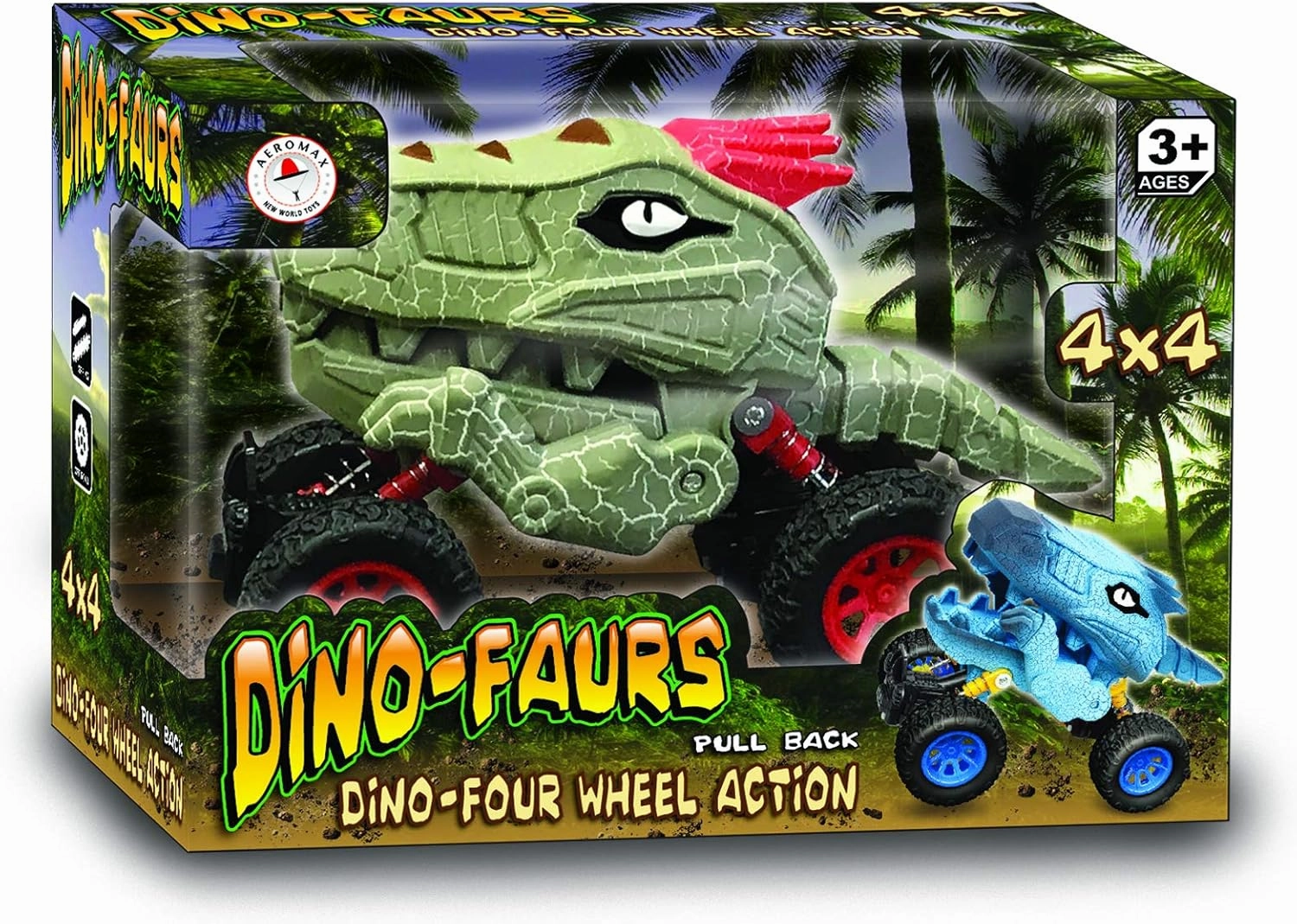 Aeromax Dino-Faur Pull Back Dinosaur Truck, Green with Red Accent
