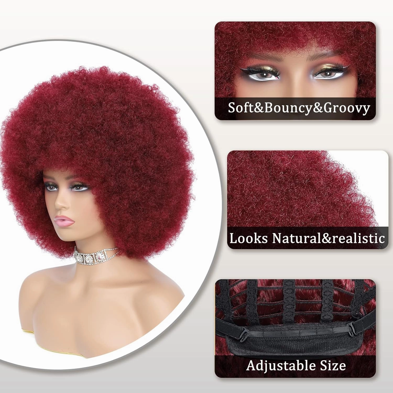 Afro Wig - Soft 70s Afro Wig For Women Burgundy Afro Kinky Curly Hair Wigs With Bangs Natural Dark Red Short Afro Curly Wig For Men Bouncy Afro Puff Wig Synthetic Hair Afro Wig For Daily Party Use