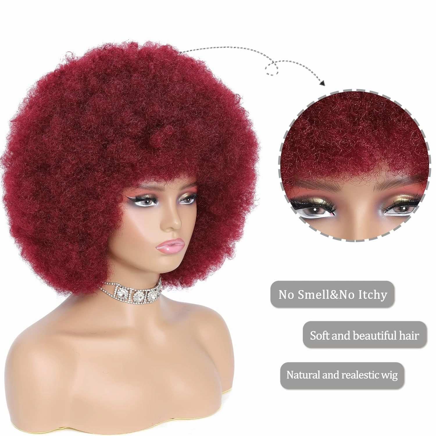 Afro Wig - Soft 70s Afro Wig For Women Burgundy Afro Kinky Curly Hair Wigs With Bangs Natural Dark Red Short Afro Curly Wig For Men Bouncy Afro Puff Wig Synthetic Hair Afro Wig For Daily Party Use