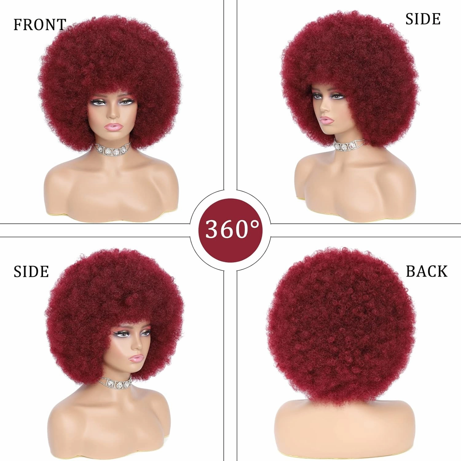 Afro Wig - Soft 70s Afro Wig For Women Burgundy Afro Kinky Curly Hair Wigs With Bangs Natural Dark Red Short Afro Curly Wig For Men Bouncy Afro Puff Wig Synthetic Hair Afro Wig For Daily Party Use
