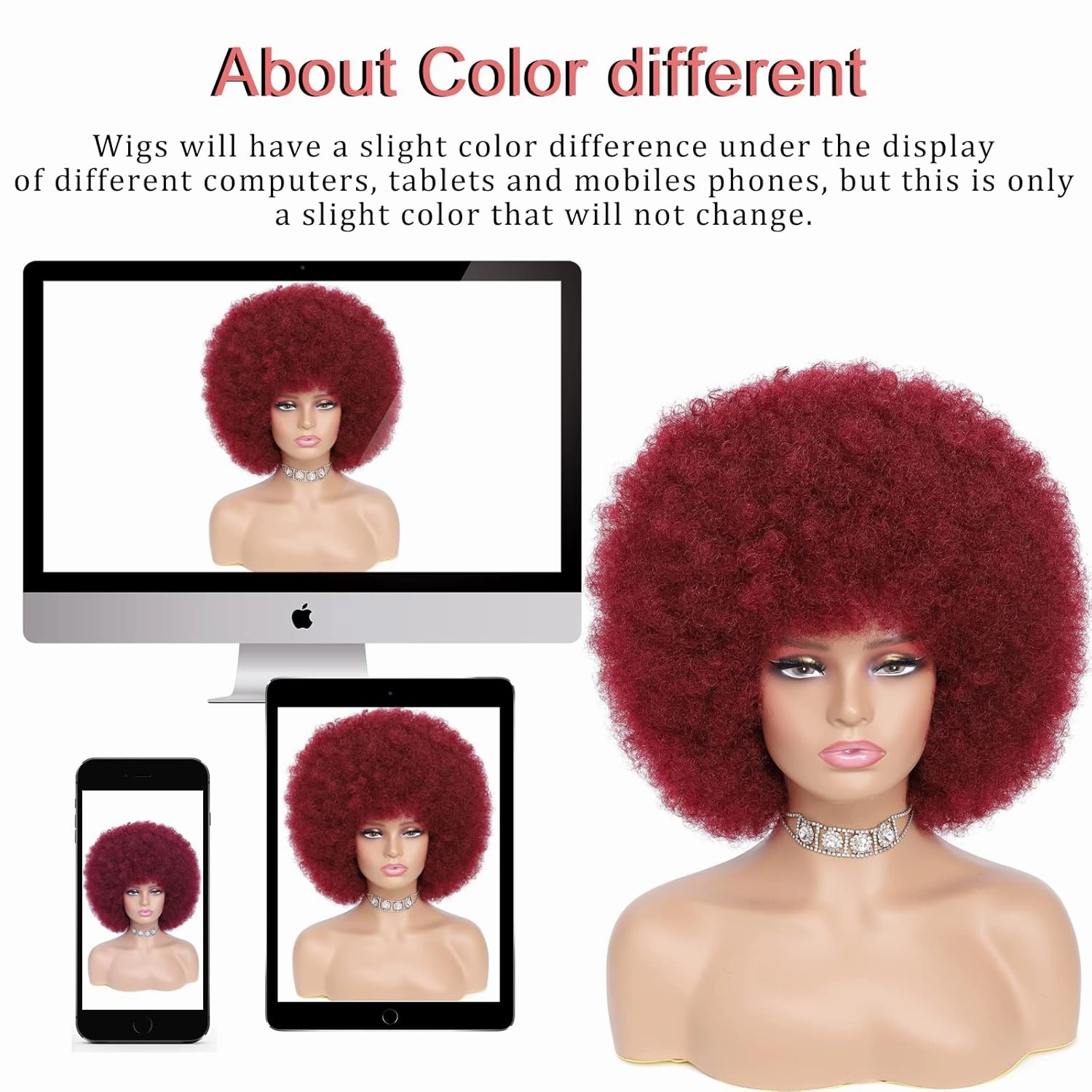 Afro Wig - Soft 70s Afro Wig For Women Burgundy Afro Kinky Curly Hair Wigs With Bangs Natural Dark Red Short Afro Curly Wig For Men Bouncy Afro Puff Wig Synthetic Hair Afro Wig For Daily Party Use