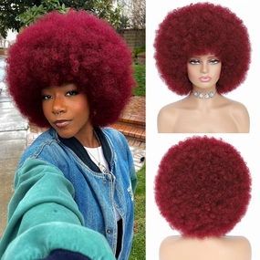Afro Wig - Soft 70s Afro Wig For Women Burgundy Afro Kinky Curly Hair Wigs With Bangs Natural Dark Red Short Afro Curly Wig For Men Bouncy Afro Puff Wig Synthetic Hair Afro Wig For Daily Party Use