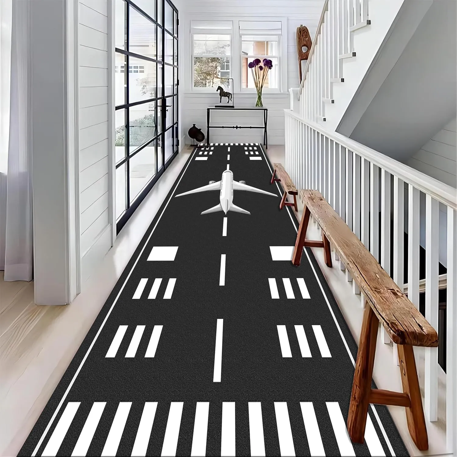 Airport Area Rug for Living Room, 4x10ft, Aircraft Takeoff Runner Rugs for Hallway, Soft Shed Resistant Playing Mats, Breathable Dirty Resistant Non Slip Mat for Porch Office Bedside