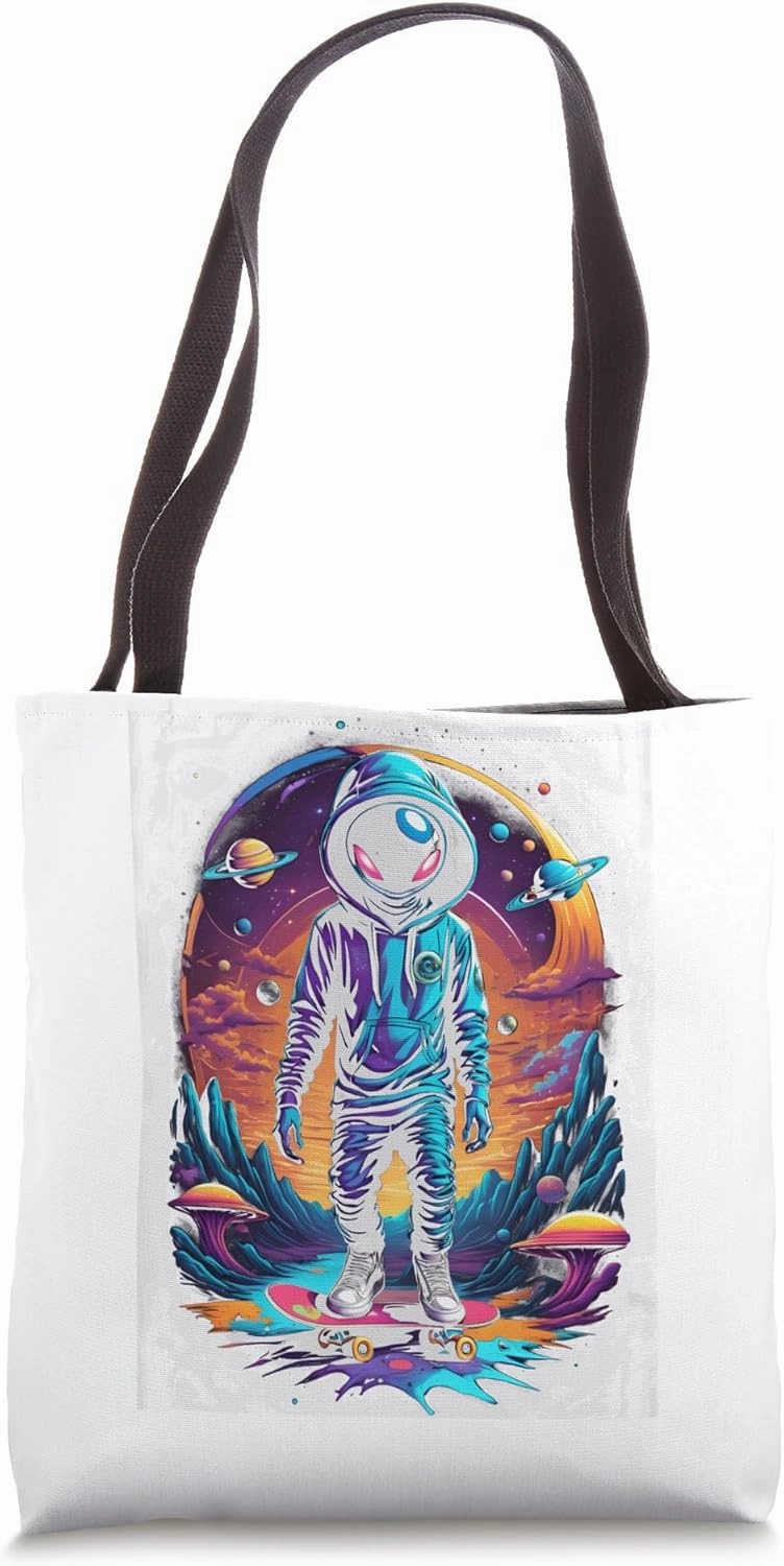 Alien Skateborder Making Maneuver Extraterrestrial Skatebord Tote Bag