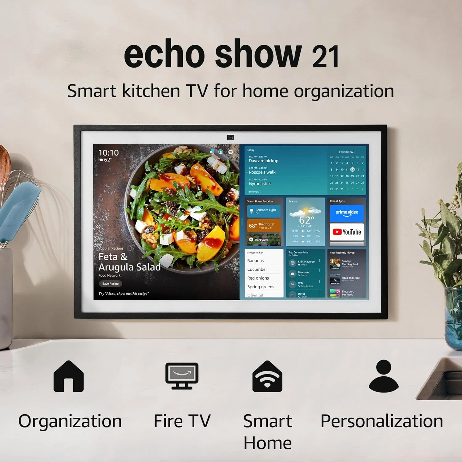Amazon Echo Show 21 (newest model), Full HD 21" kitchen hub for home organization, with built-in Fire TV and Alexa