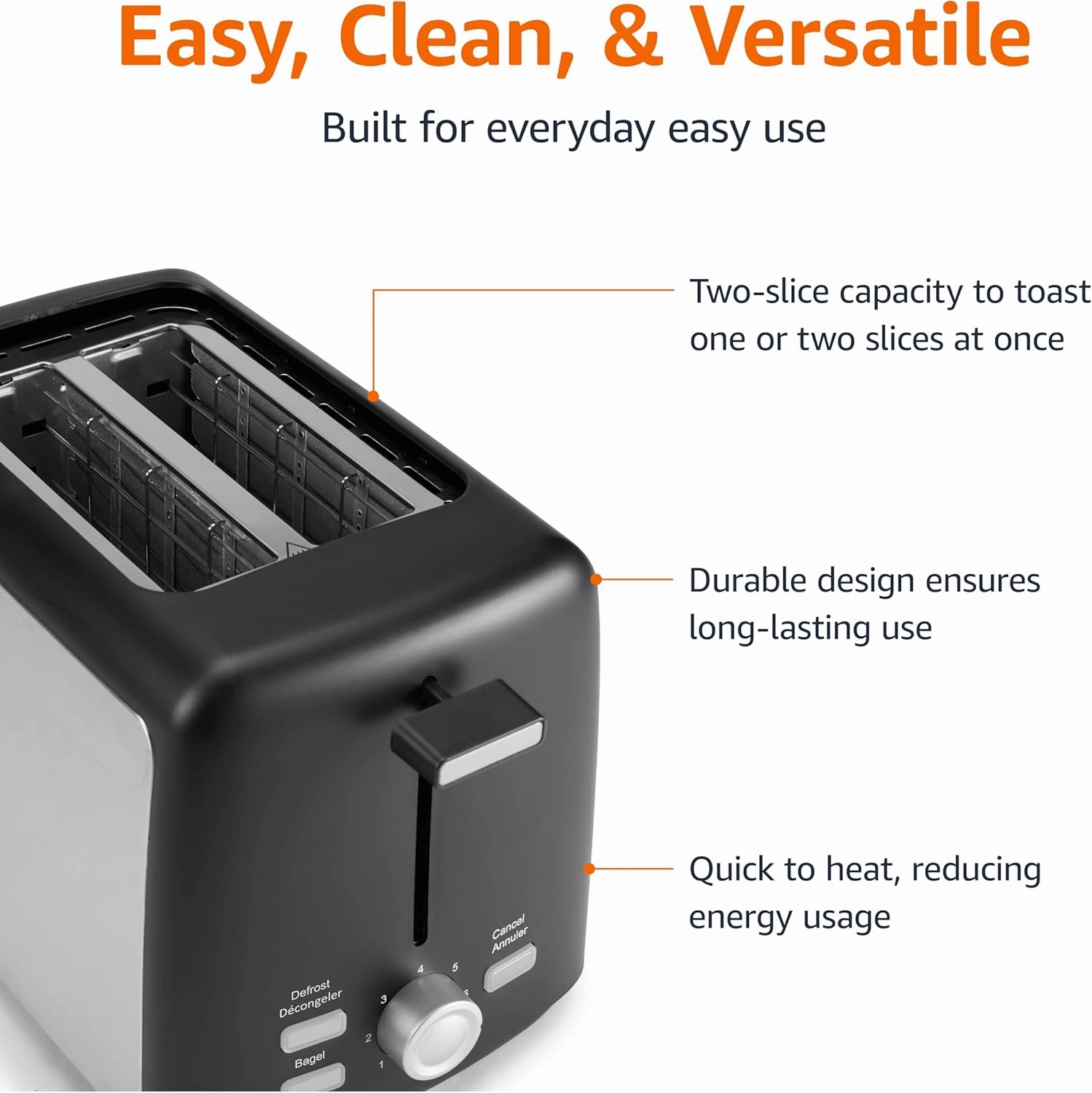 Amazon Basics 2 Slice Toaster, With 7 Browning Settings, Extra Wide Slots For Bagels and Special Breads, Removable Easy-to-Clean Crumb Trays, Cancel/Defrost/Bagel Buttons, 800W, Black & Silver