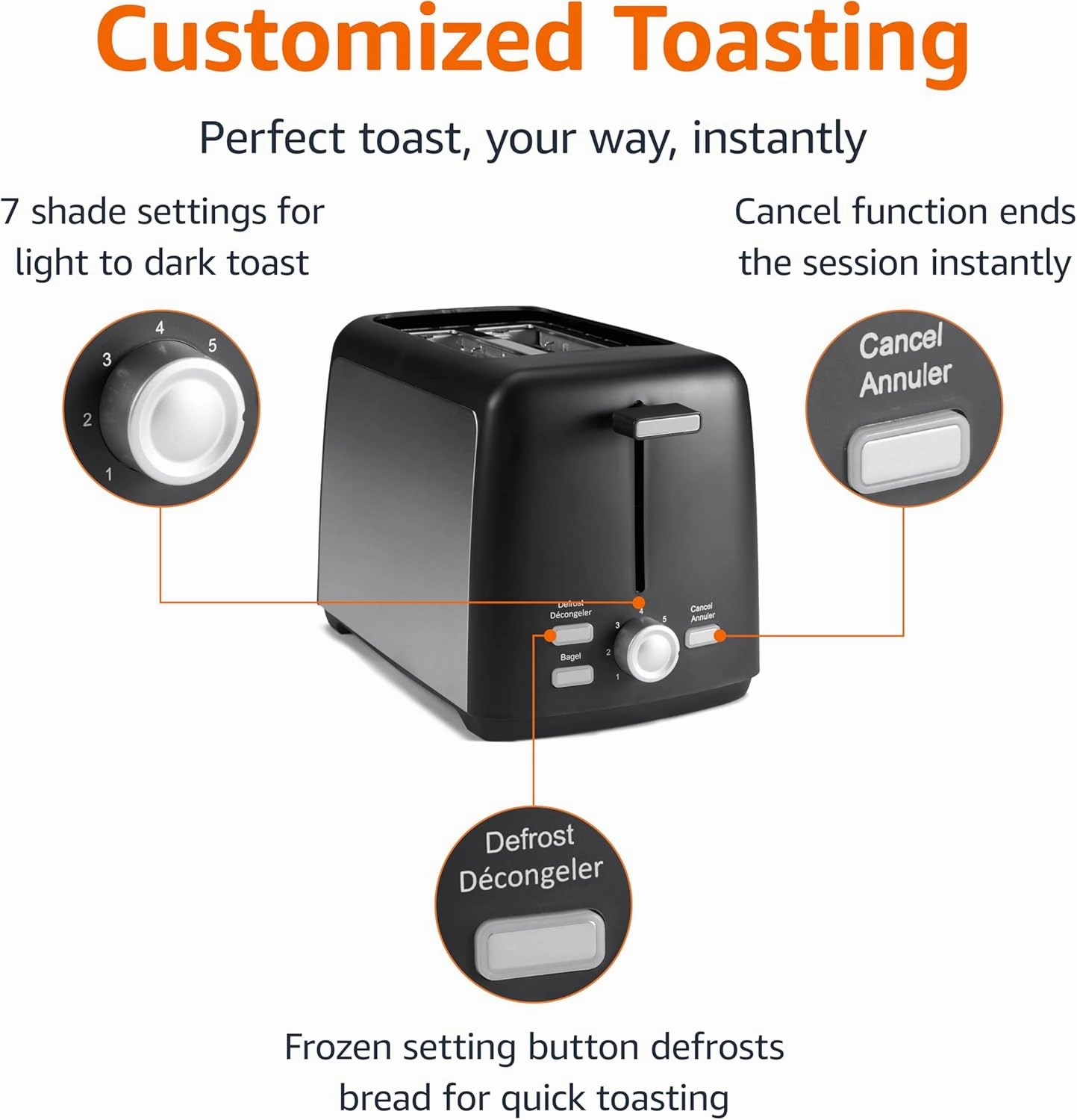 Amazon Basics 2 Slice Toaster, With 7 Browning Settings, Extra Wide Slots For Bagels and Special Breads, Removable Easy-to-Clean Crumb Trays, Cancel/Defrost/Bagel Buttons, 800W, Black & Silver