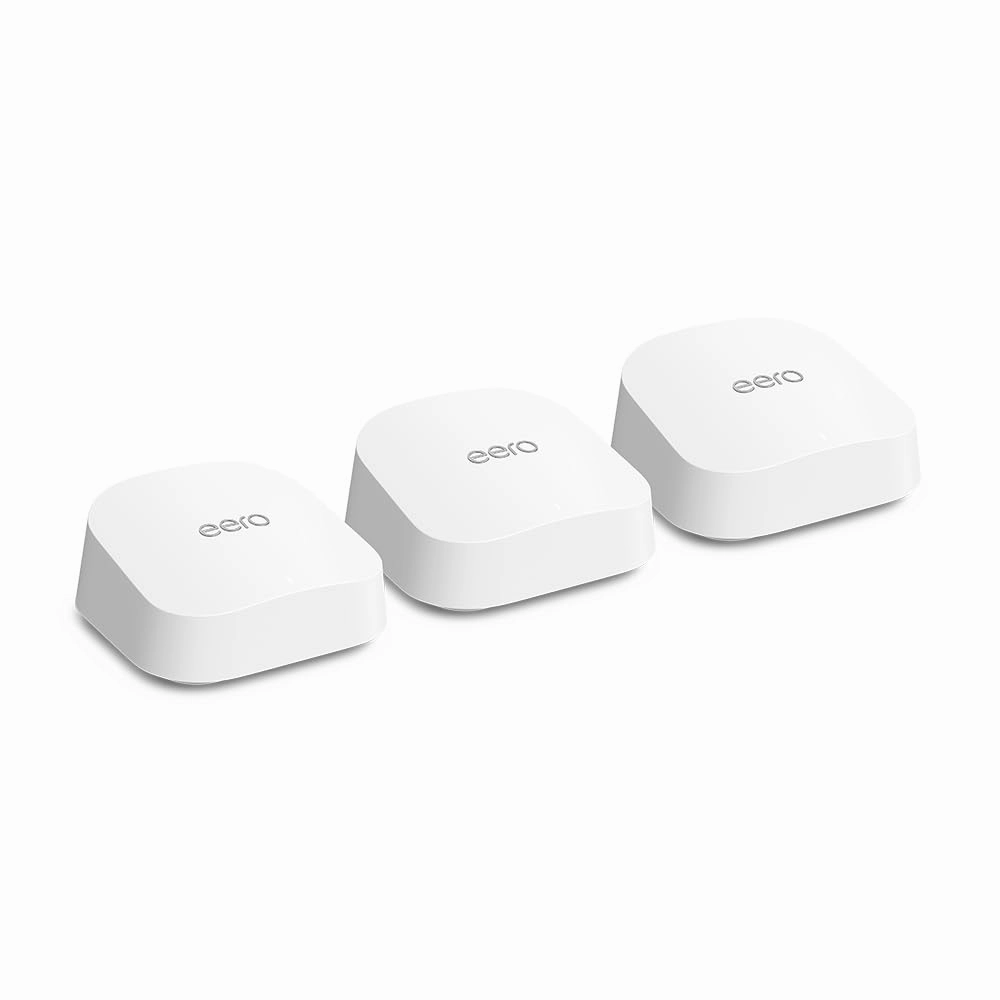 Amazon eero 7 with 1 month free eero Plus (auto-renews) - Supports internet plans up to 2.5 Gbps, Coverage up to 6,000 sq. ft., Connect 120  devices, 3-pack