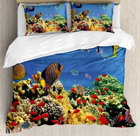 Ambesonne Ocean Duvet Cover Set, Submerged Colorful Coral Colony on Reef Exotic Fishes Tranquil Shallow Sea Picture, Decorative 3 Piece Bedding Set with 2 Pillow Shams, Queen Size, Multicolor