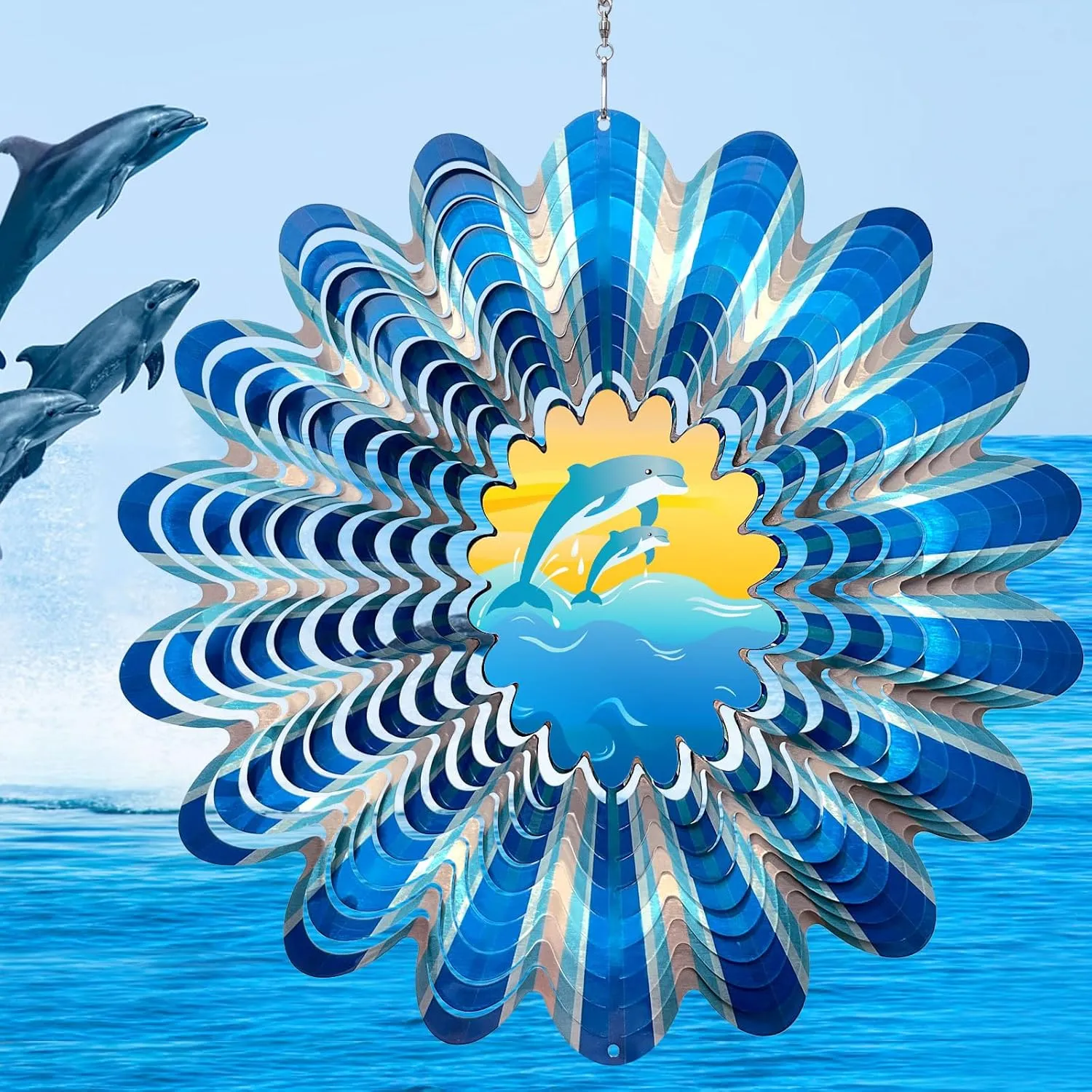 Animated Dolphin Wind Spinner - 12-Inch 3D Holographic Stainless Steel Kinetic Metal Wind Spinners, Creates Magical Leaping Dolphin Illusion, Outdoor Garden Yard Decor, Gift for Ocean Lover