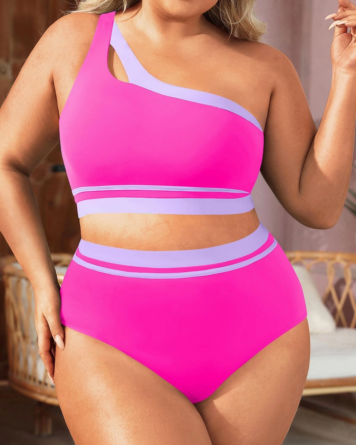 Aqua Eve Women Plus Size High Waisted Bikini One Shoulder Two Piece Swimsuit Color Block Bathing Suits