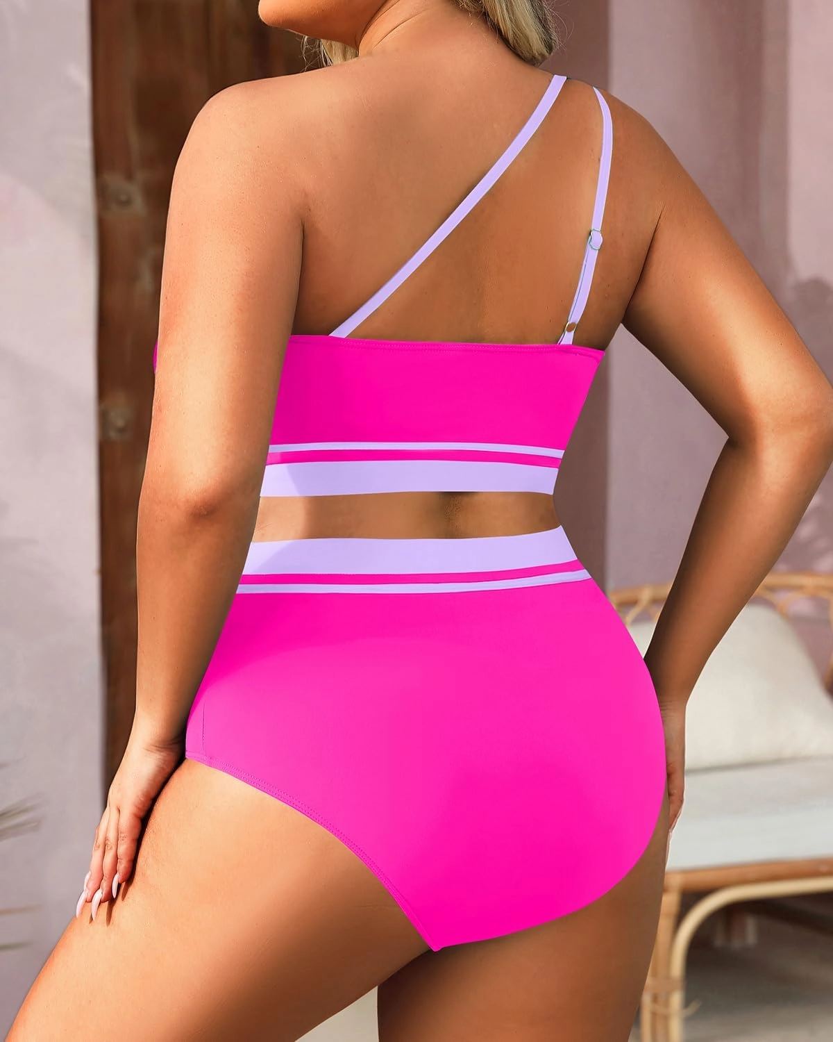Aqua Eve Women Plus Size High Waisted Bikini One Shoulder Two Piece Swimsuit Color Block Bathing Suits