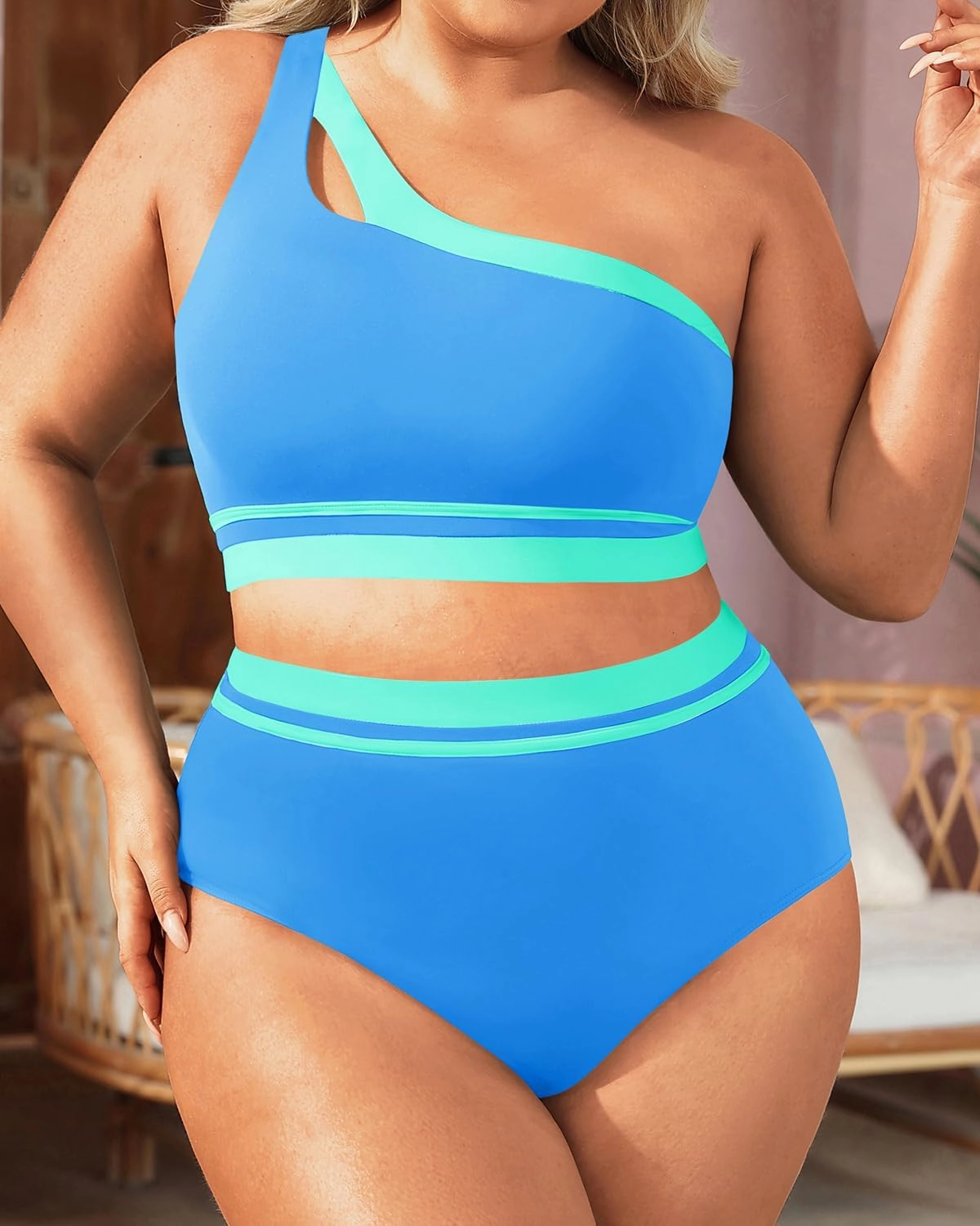 Aqua Eve Women Plus Size High Waisted Bikini One Shoulder Two Piece Swimsuit Color Block Bathing Suits