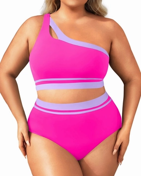 Aqua Eve Women Plus Size High Waisted Bikini One Shoulder Two Piece Swimsuit Color Block Bathing Suits