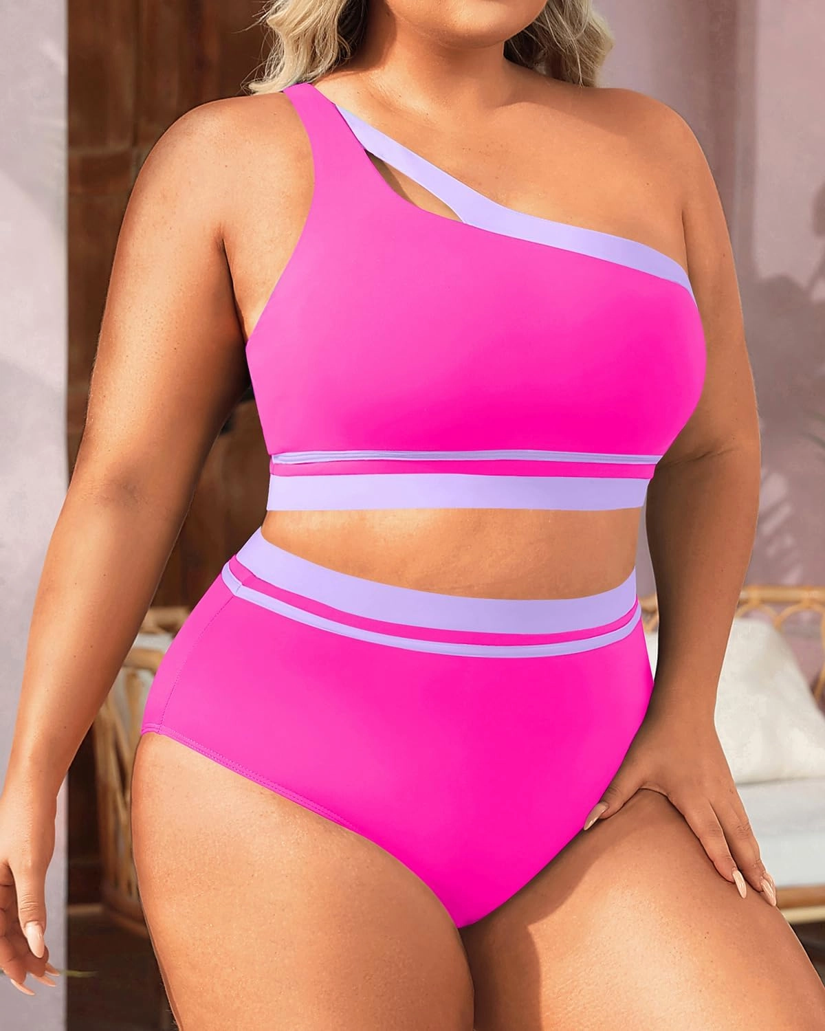 Aqua Eve Women Plus Size High Waisted Bikini One Shoulder Two Piece Swimsuit Color Block Bathing Suits