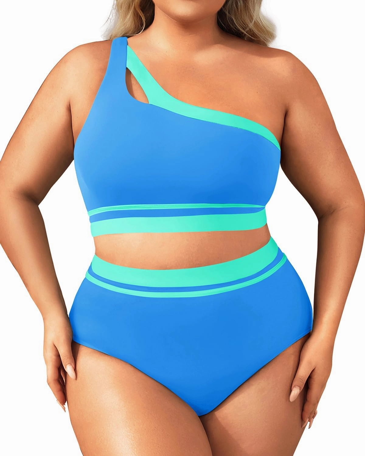 Aqua Eve Women Plus Size High Waisted Bikini One Shoulder Two Piece Swimsuit Color Block Bathing Suits