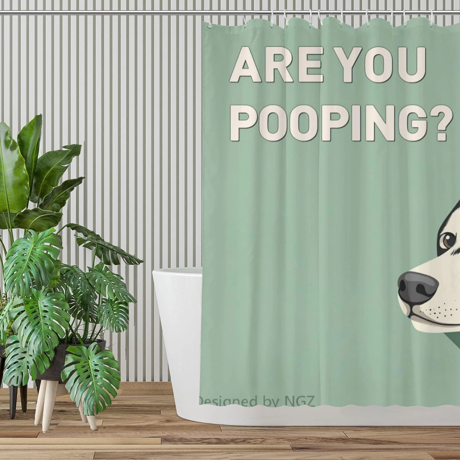 are You Pooping Husky Shower Curatin, Funny Husky Shower Curtain, Green Shower Curtain Set with 12 Hooks for Bathroom Decor, 72x72