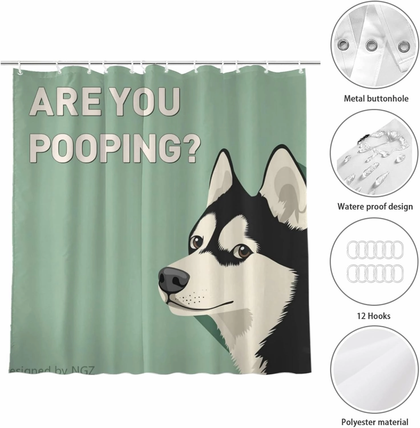 are You Pooping Husky Shower Curatin, Funny Husky Shower Curtain, Green Shower Curtain Set with 12 Hooks for Bathroom Decor, 72x72