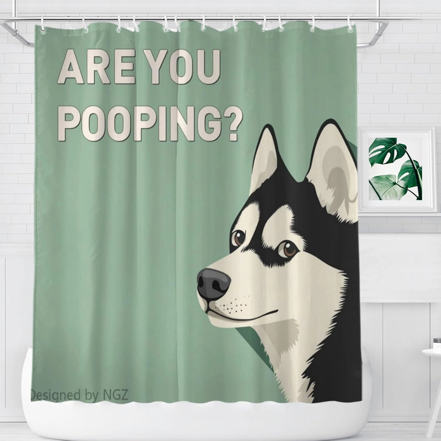are You Pooping Husky Shower Curatin, Funny Husky Shower Curtain, Green Shower Curtain Set with 12 Hooks for Bathroom Decor, 72x72