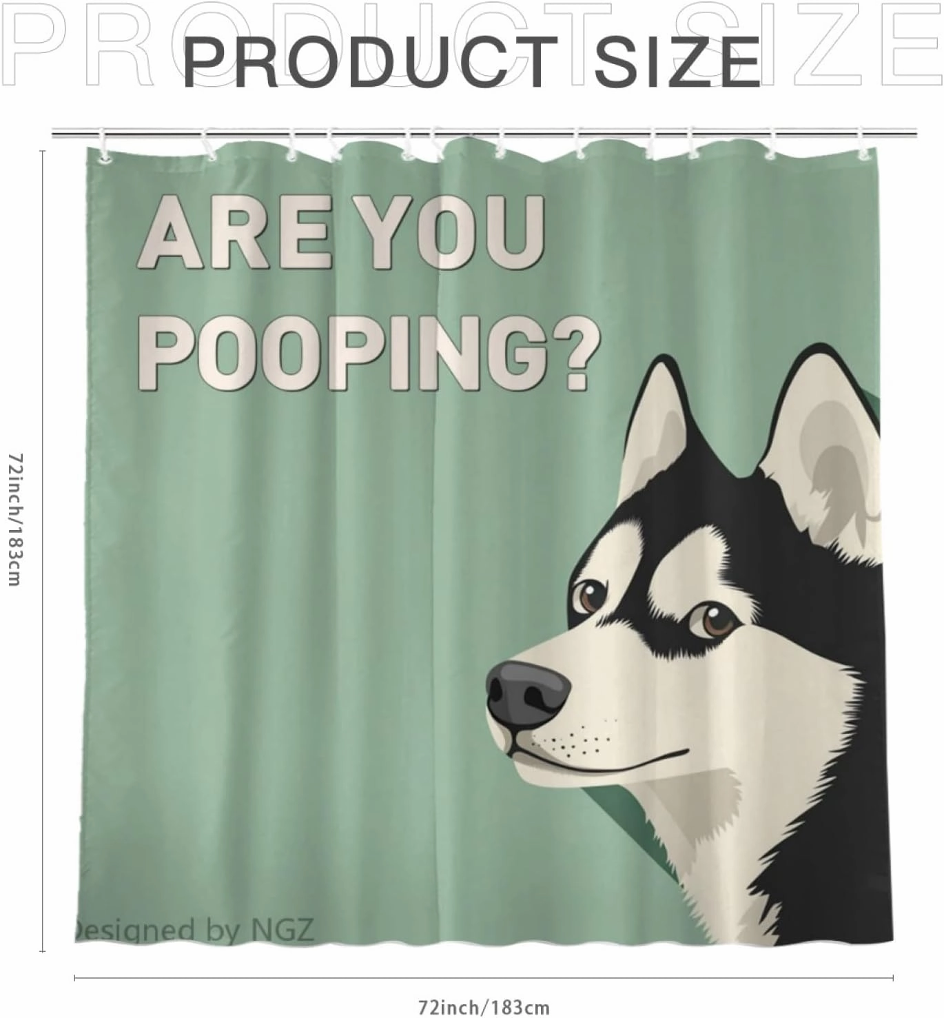 are You Pooping Husky Shower Curatin, Funny Husky Shower Curtain, Green Shower Curtain Set with 12 Hooks for Bathroom Decor, 72x72