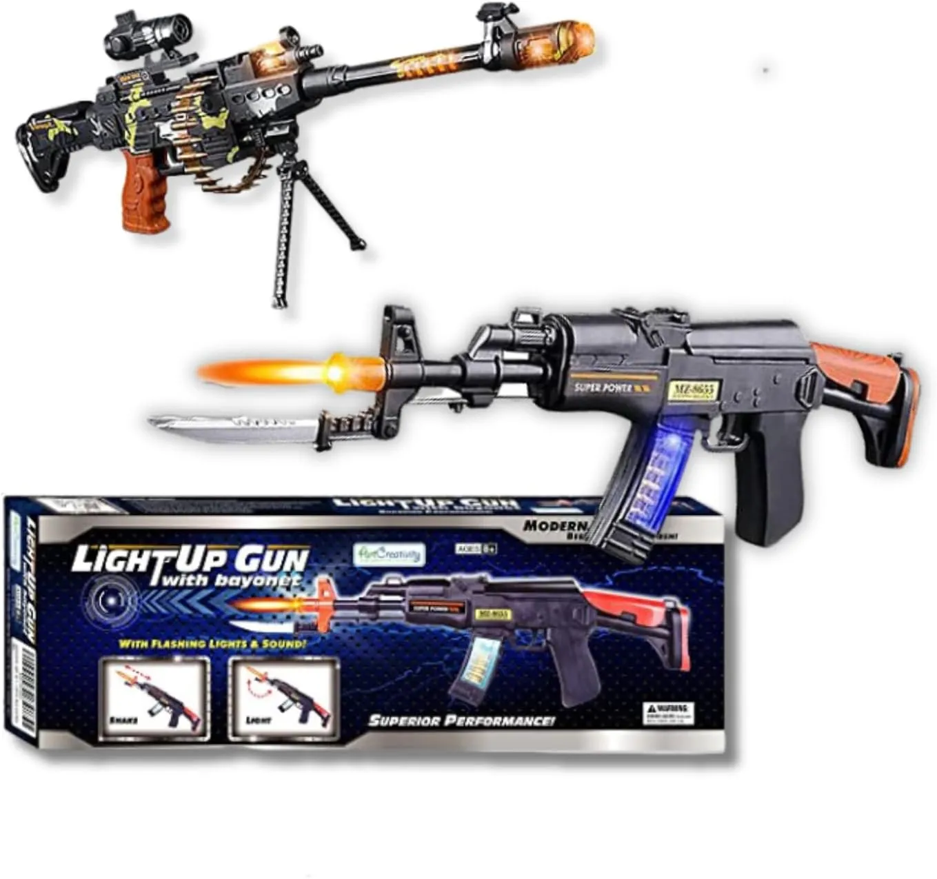 ArtCreativity Light Up Toy Machine Gun with Folding Bayonet and Toy Machine Gun with Scope, Stand and Realistic Sound Effect, Pretend Play Military Machine Gun, Halloween Prop Guns for Boys and Girls