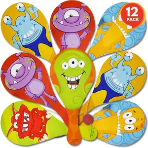 ArtCreativity Monster Figure Paddle Balls, Pack of 12, 9.25 Inch Wooden Paddleball with String, Assorted Bright Colors and Designs, Great Party Favors, Goodie Bag Fillers, Fun Activity for Kids