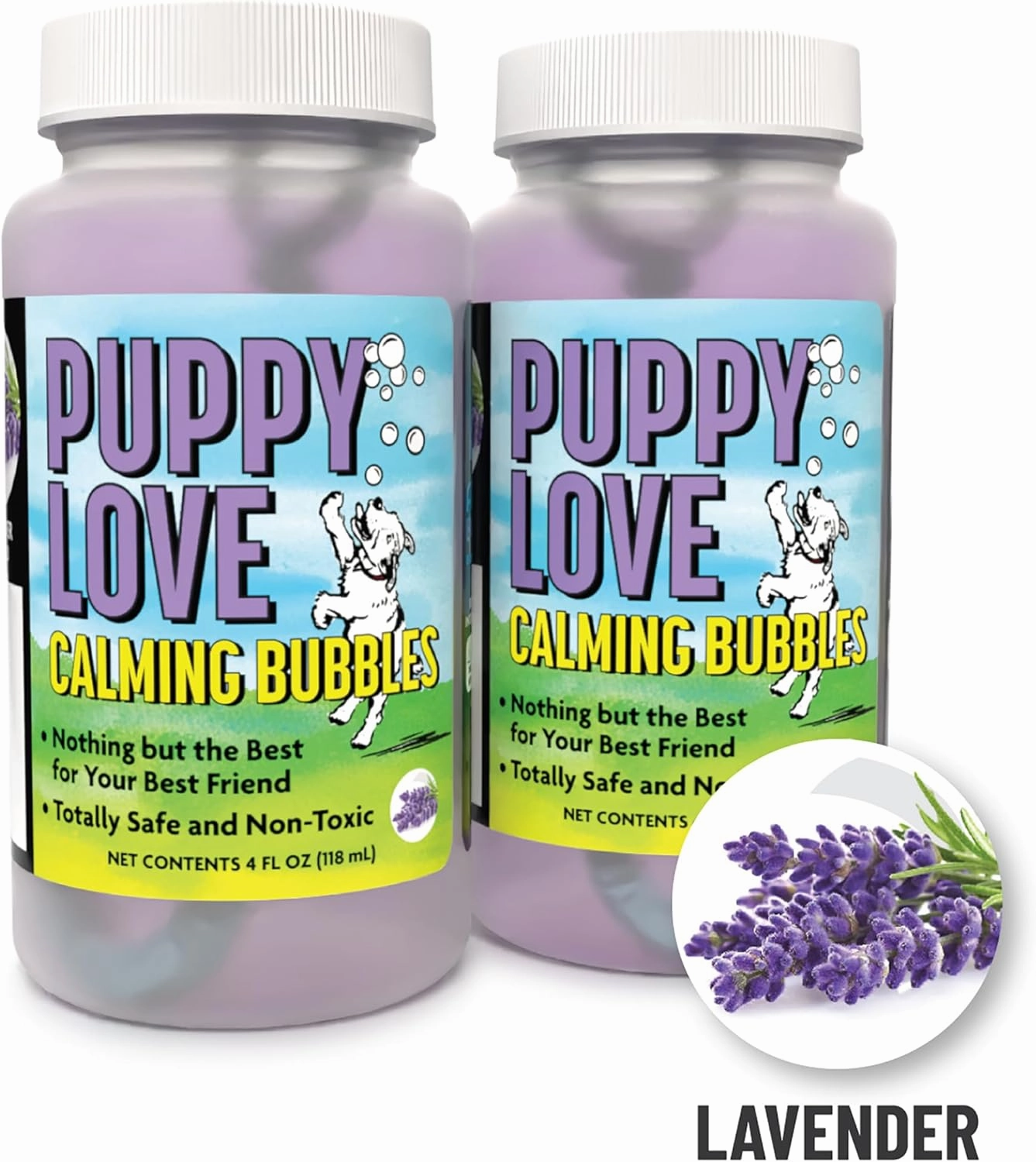 Atomic Bubbles: Puppy Love Calming Bubbles - Lavender Scented 2-Pack - 4oz Bottles, Dog Interactive Toy, Pet Safe, Non-Toxic, Indoor & Outdoor Play