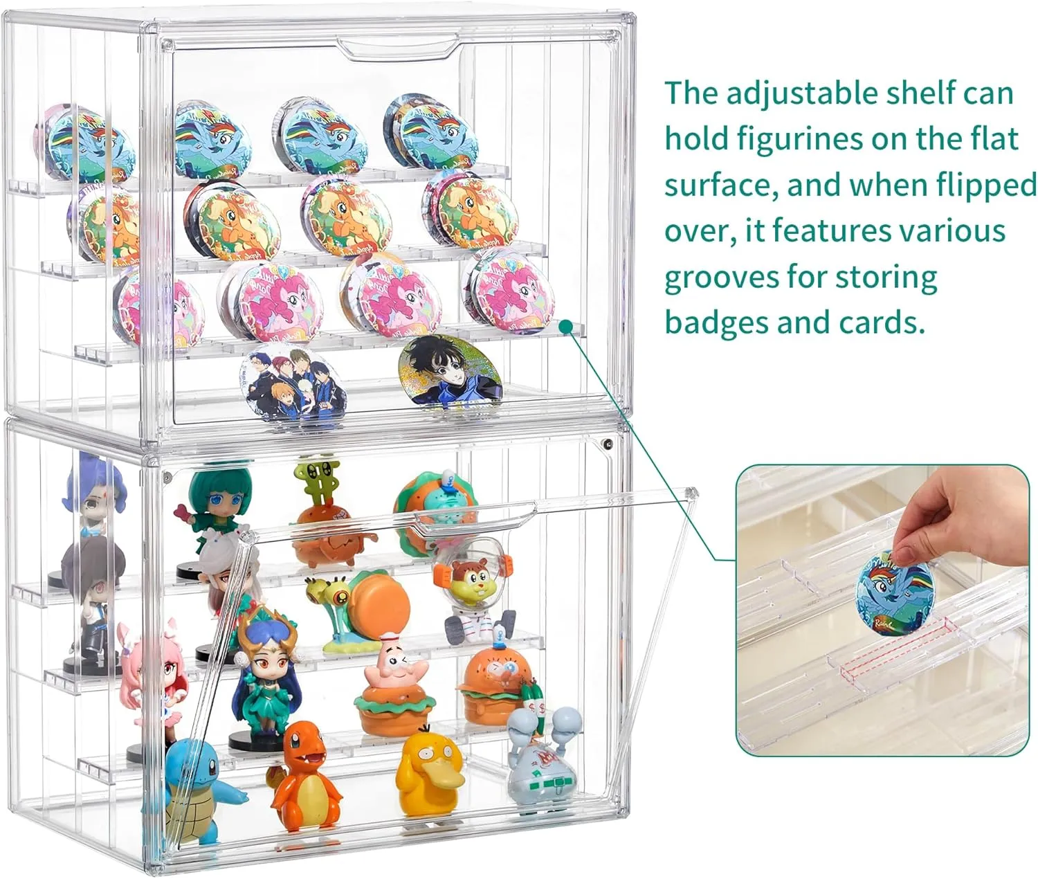 Attelite Acrylic Display Case,Upgrade 4 Tiers Clear Display Case with 3 Adjustable Divider, 2 Pack Stackable Large Storage Box with Magnetic Door for Collectibles Action Figures