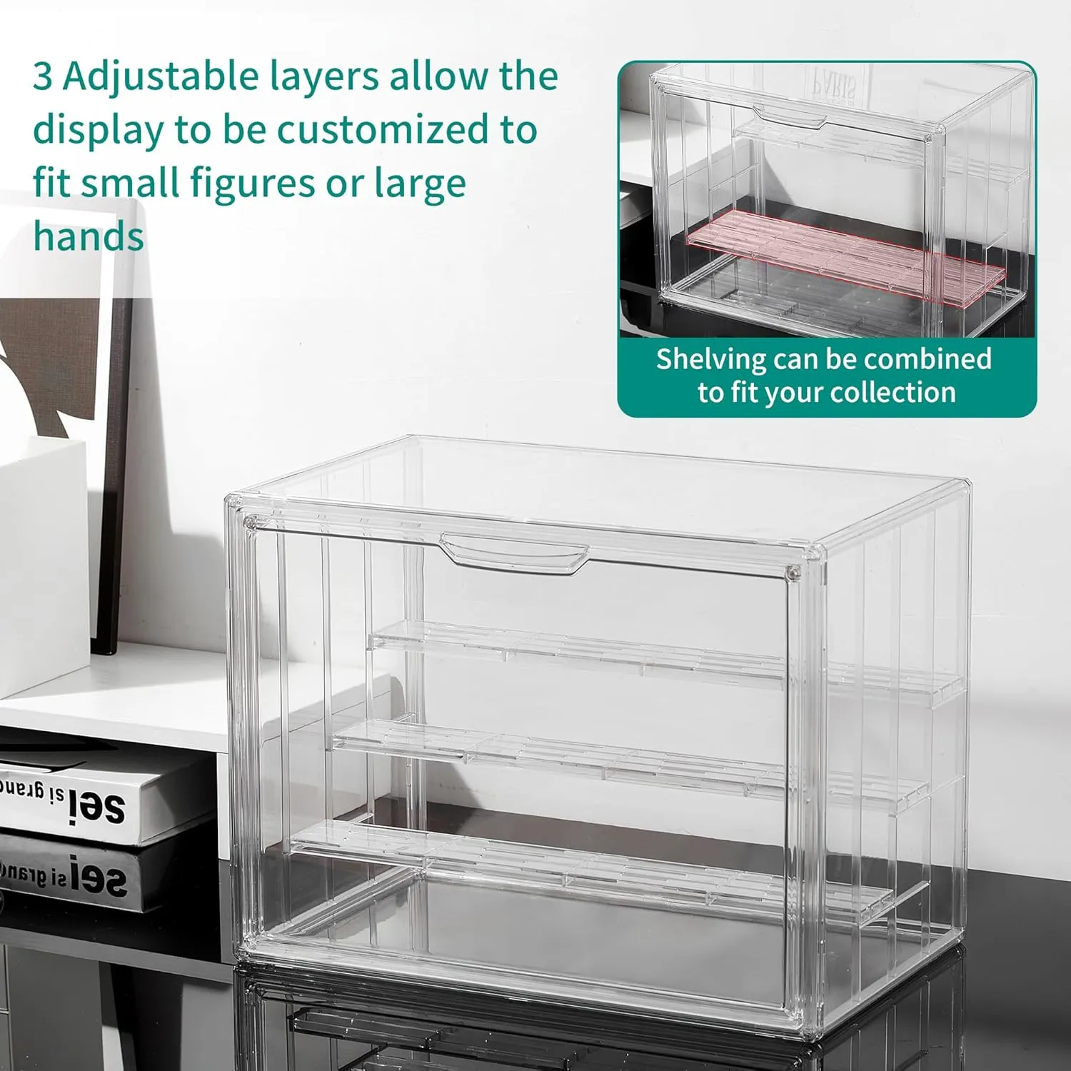 Attelite Acrylic Display Case,Upgrade 4 Tiers Clear Display Case with 3 Adjustable Divider, 2 Pack Stackable Large Storage Box with Magnetic Door for Collectibles Action Figures