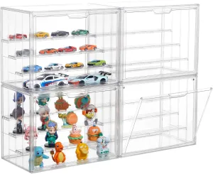 Attelite Acrylic Display Case,Upgrade 4 Tiers Clear Display Case with 3 Adjustable Divider, 4 Pack Stackable Large Storage Box with Magnetic Door for Collectibles Action Figures