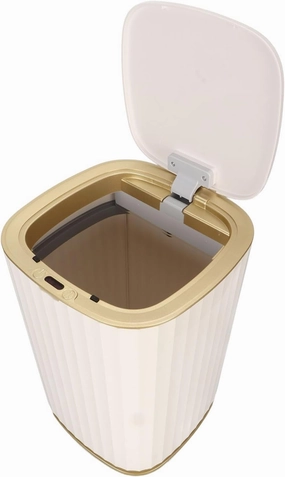 Automatic Trash Can, Touchless Motion Sensor Garbage Bin with Pressure Ring Design, Quiet Closing System, Suitable for Home Bedroom Office, White and Gold, 15L Capacity