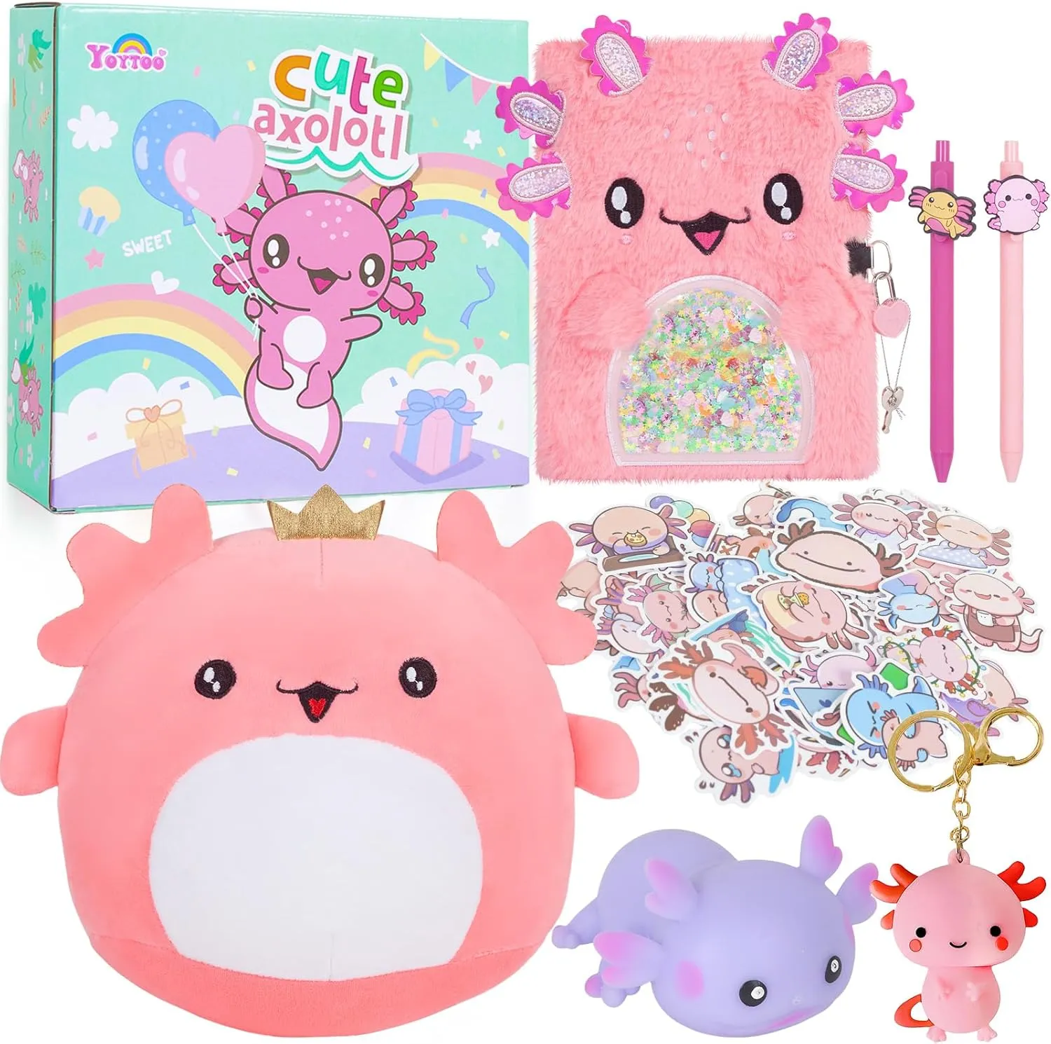 Axolotl Gifts for Girls, Kids Axolotl Plush Toys with Secret Diary, Ballpoint Pen, Stickers, Birthday Gifts for Little Girls Age 5 6 7 8 9 10-12 Years Old