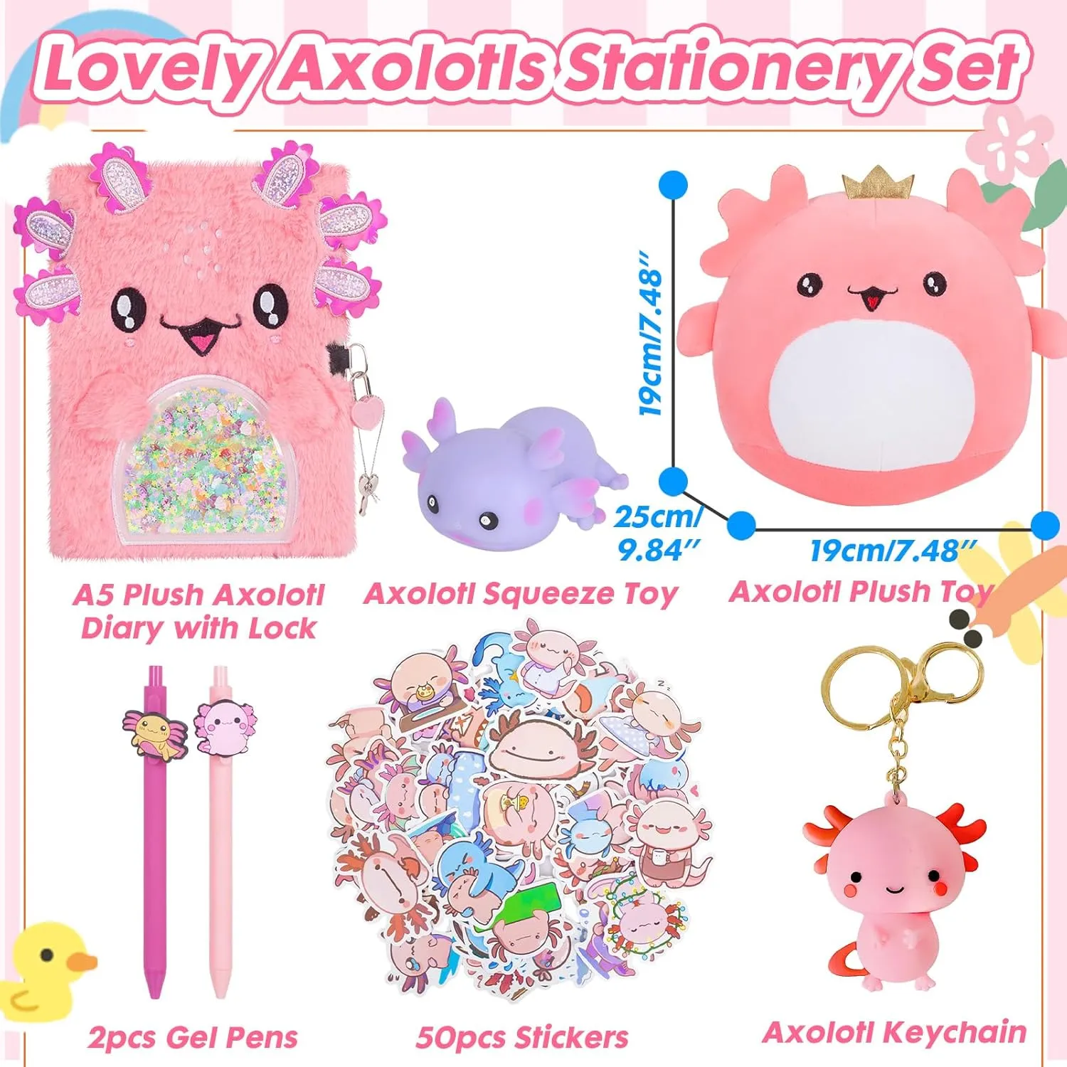 Axolotl Gifts for Girls, Kids Axolotl Plush Toys with Secret Diary, Ballpoint Pen, Stickers, Birthday Gifts for Little Girls Age 5 6 7 8 9 10-12 Years Old