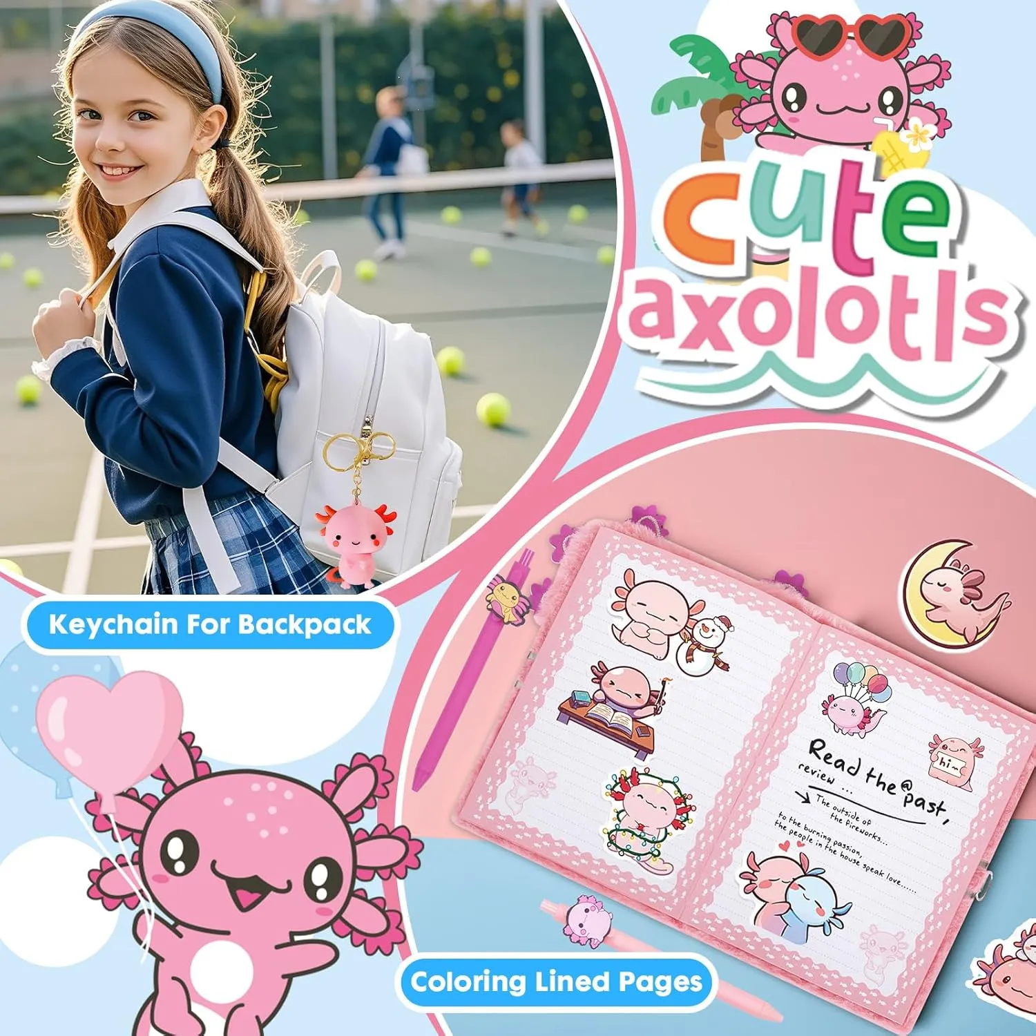 Axolotl Gifts for Girls, Kids Axolotl Plush Toys with Secret Diary, Ballpoint Pen, Stickers, Birthday Gifts for Little Girls Age 5 6 7 8 9 10-12 Years Old