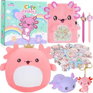Axolotl Gifts for Girls, Kids Axolotl Plush Toys with Secret Diary, Ballpoint Pen, Stickers, Birthday Gifts for Little Girls Age 5 6 7 8 9 10-12 Years Old