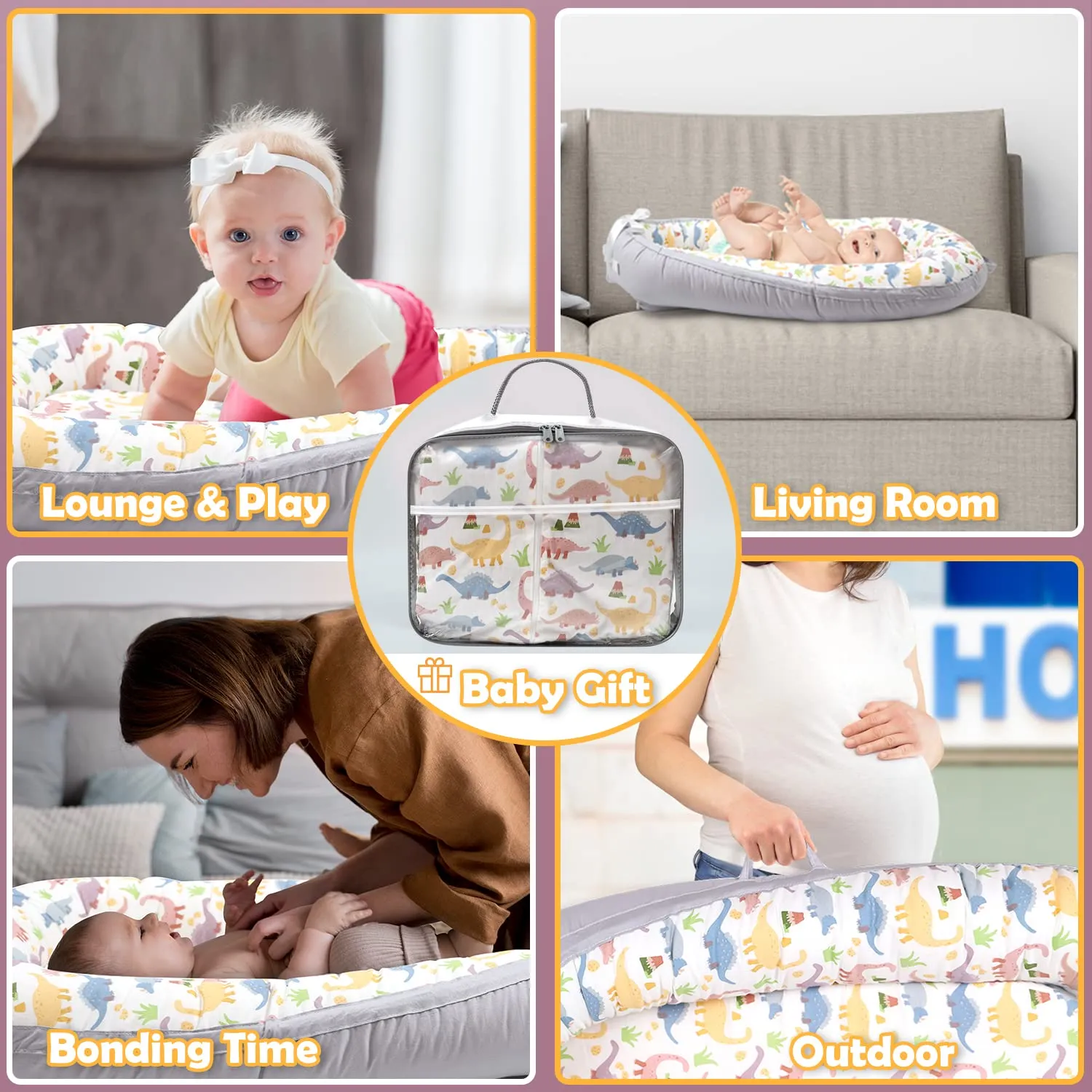 Baby Lounger, Ultra Breathable Soft Cotton Perfect for Tummy Time, Portable & Adjustable Infant Floor Seat for Traveling | Newborn Shower Gift