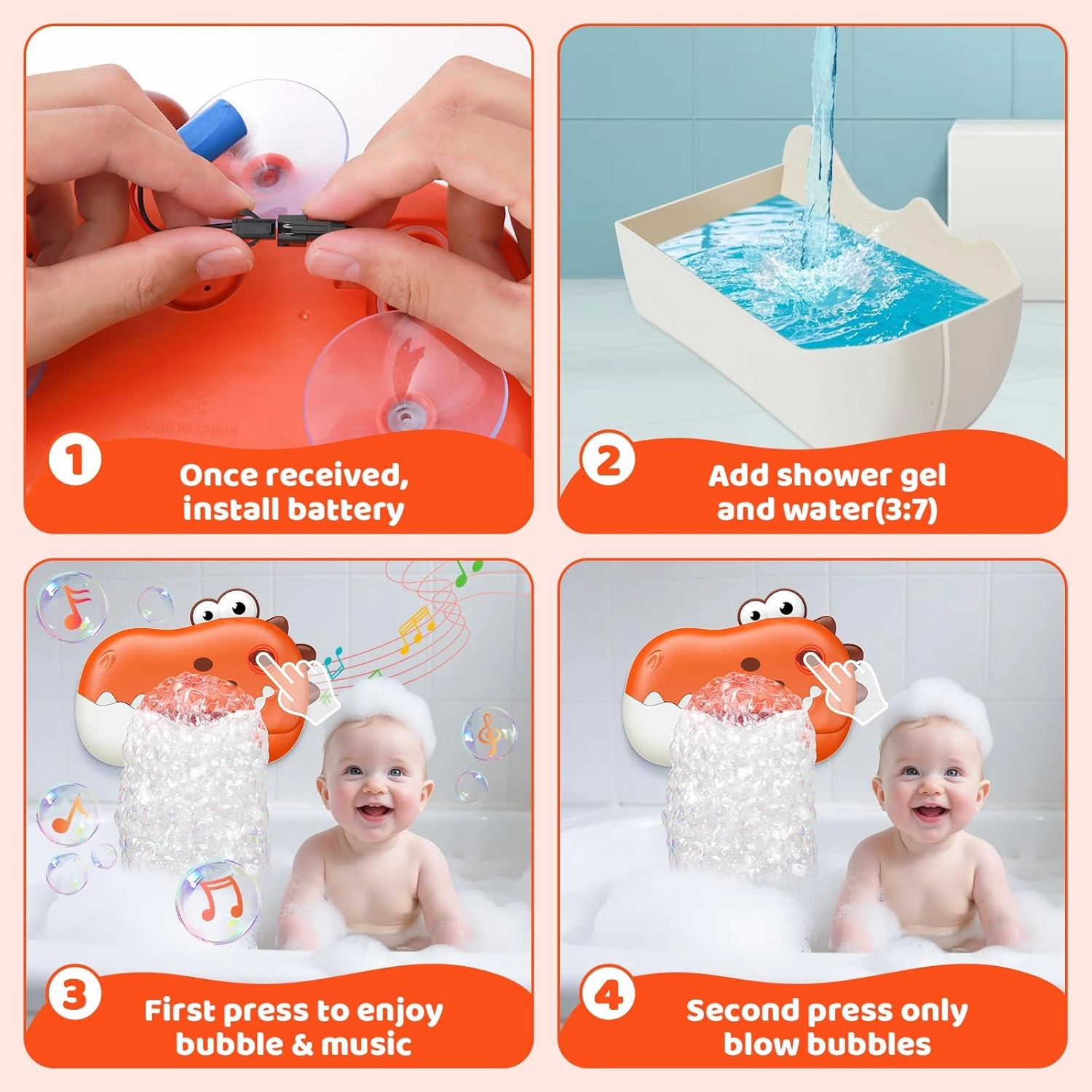 Baby Bath Toys, Rechargeable Dinosaur Bath Bubble Machine with Music, Bathtime Bathtub Toys for Toddlers Birthday Gift, Bath Dino Bubble Maker Toys for Kids Ages 1-3 4-8, Red
