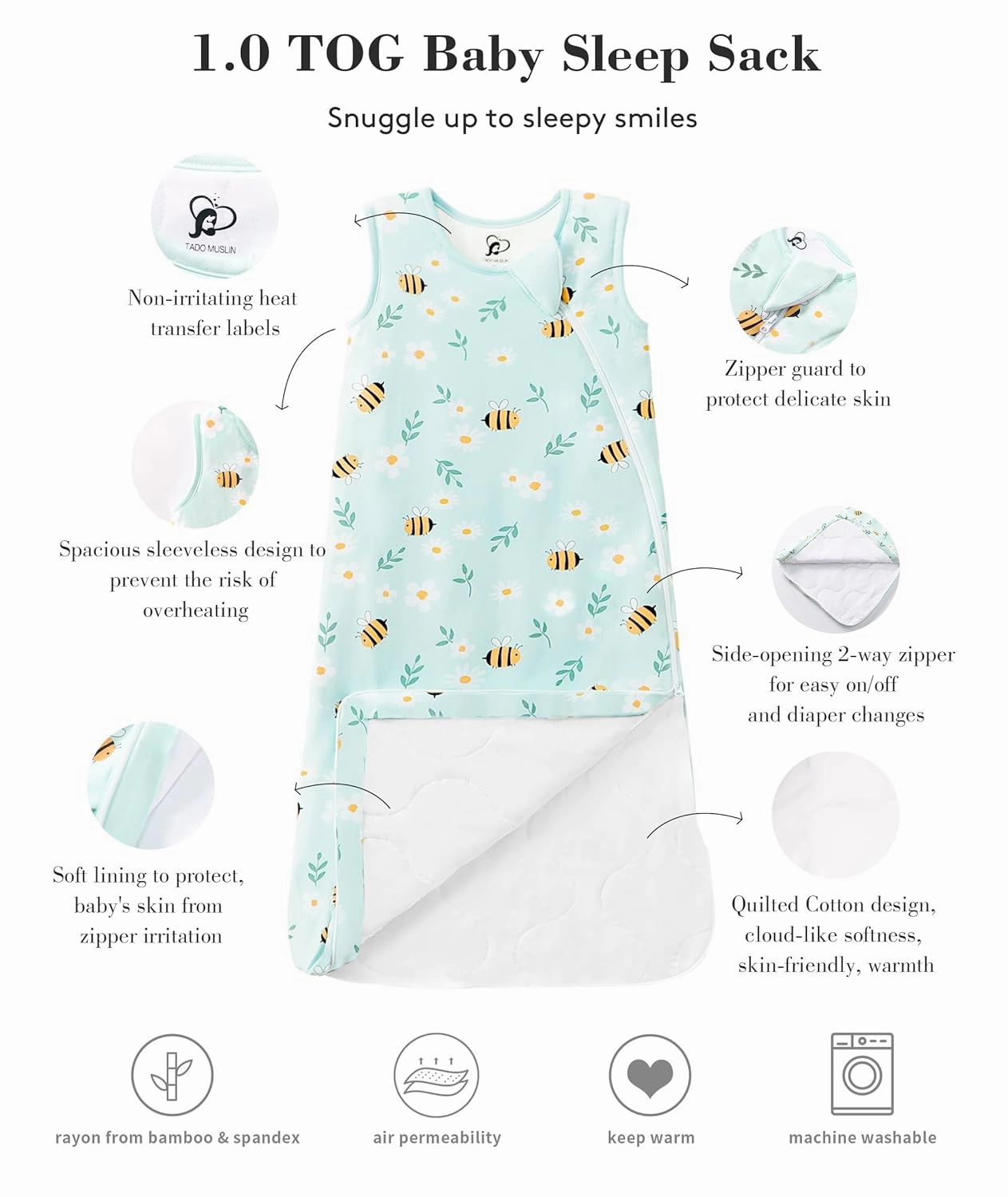 Baby Sleep Sack 18-36M 1.0 Tog 95% Rayon from Bamboo 5% Spandex Breathable Sleep Sacks Baby Quilted Wearable Blanket 2-Way Zipper Lightweight Little bee
