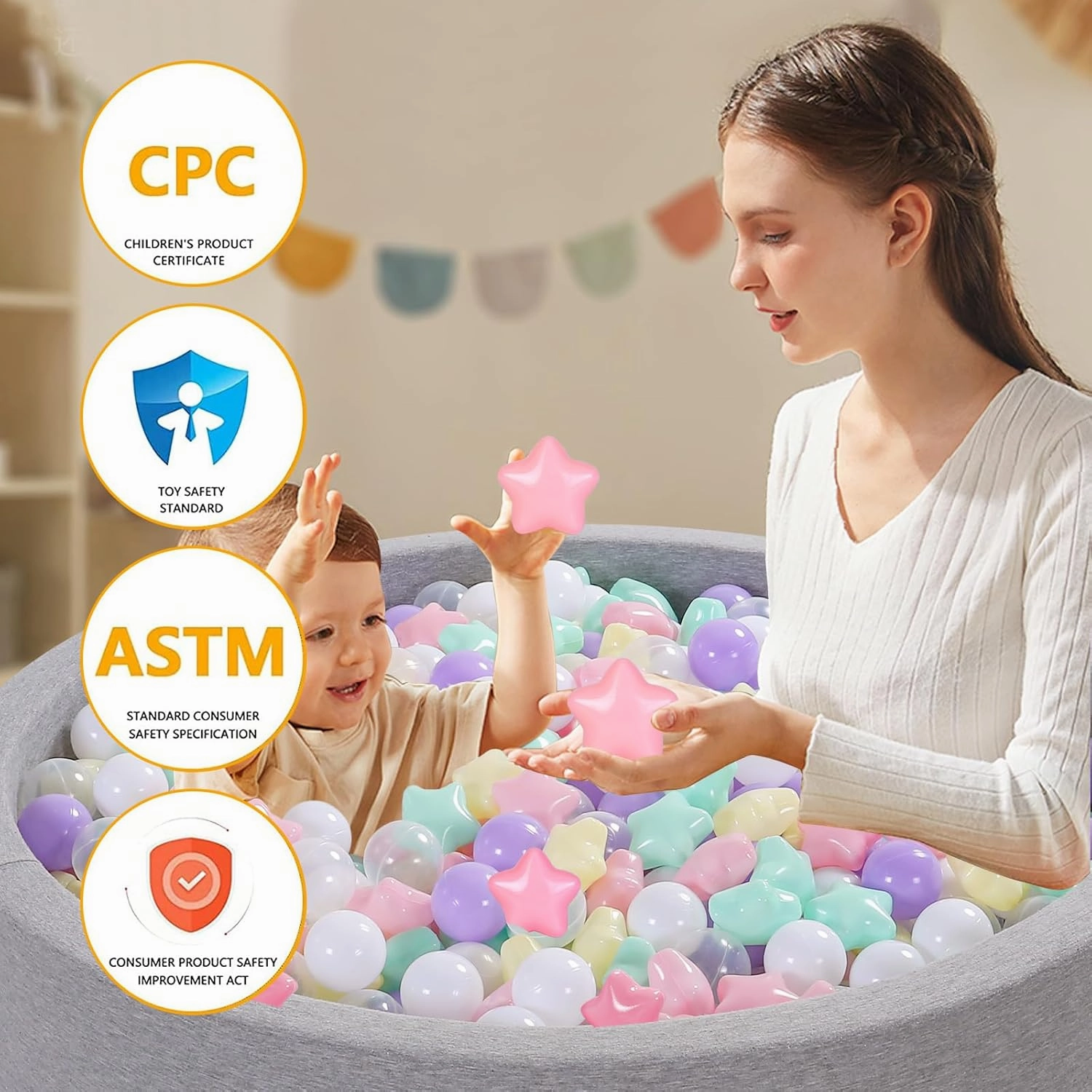 Ball Pit Balls Pack of 100 - Star and Round Set BPA Free Phthalate Free Non-Toxic Crush Proof Play Balls Soft Plastic Balls for Toddlers Baby Kids Birthday Pool Tent Party