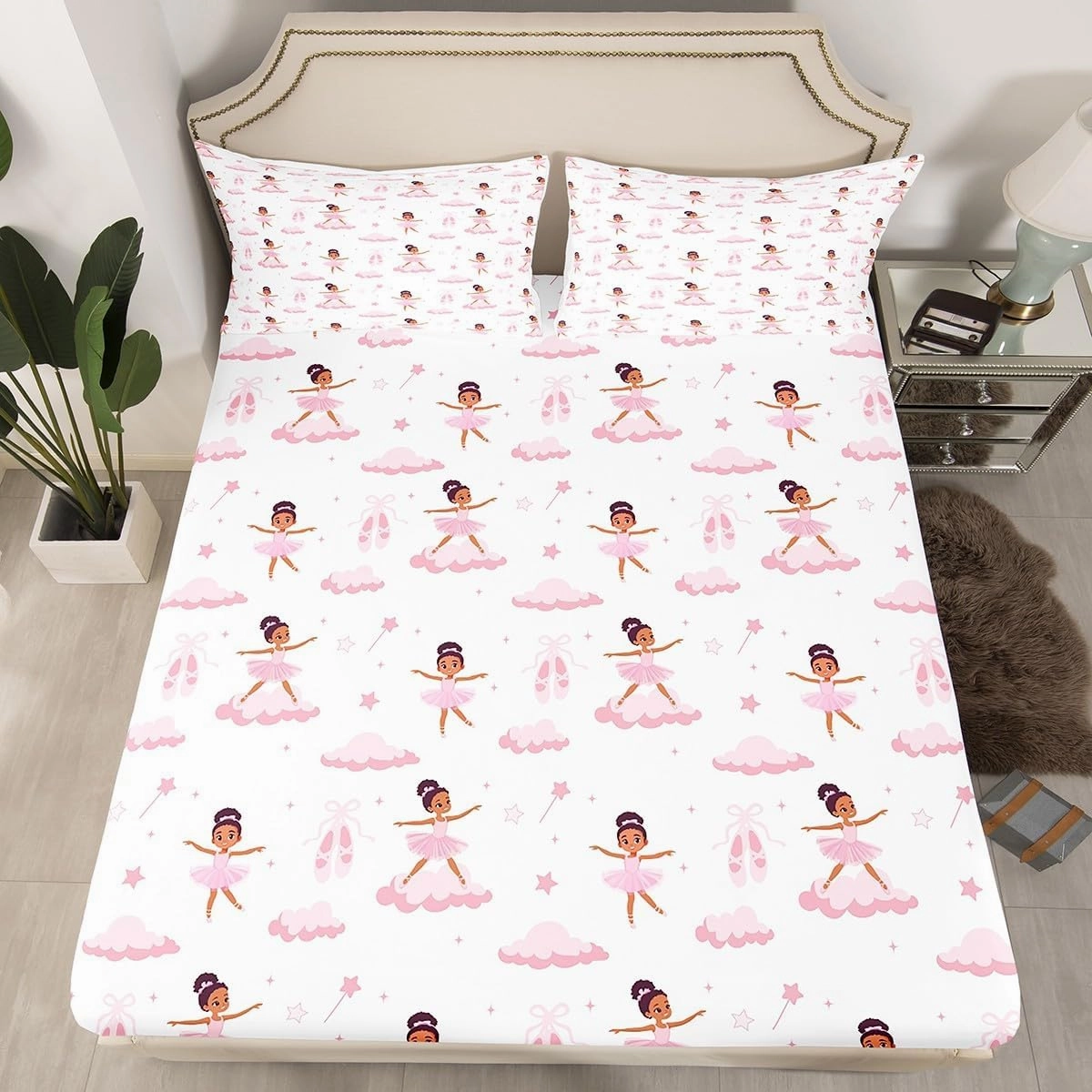 Ballerina Girl Fitted Sheet,Full Size Pink Ballet Shoes Collections Stars Clouds Theme,Soft Decorative Fabric Bedding Deep Pocket for Children Teens Young Boys Girls,with 2 Pillowcases