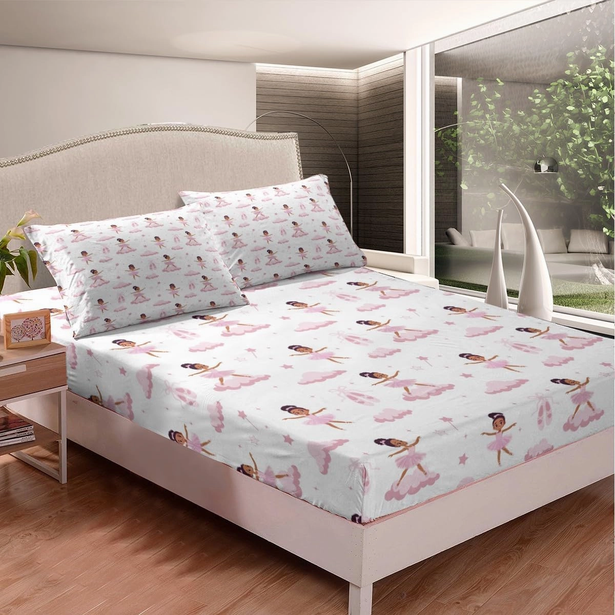 Ballerina Girl Fitted Sheet,Full Size Pink Ballet Shoes Collections Stars Clouds Theme,Soft Decorative Fabric Bedding Deep Pocket for Children Teens Young Boys Girls,with 2 Pillowcases