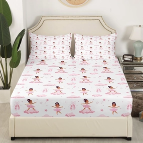 Ballerina Girl Fitted Sheet,Full Size Pink Ballet Shoes Collections Stars Clouds Theme,Soft Decorative Fabric Bedding Deep Pocket for Children Teens Young Boys Girls,with 2 Pillowcases