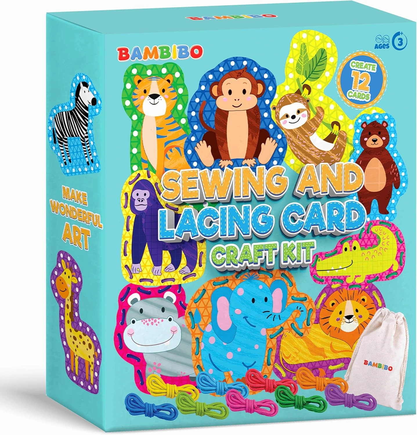 Bambibo Lacing Cards for Toddlers - Mega Pack | Double Sided with Names & Features | Animal Sewing Cards for Kids Ages 4-8 | DIY 12 Colorful Threading Cards | Lacing Cards for Kids Ages 3-5