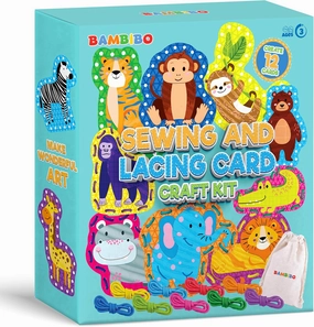 Bambibo Lacing Cards for Toddlers - Mega Pack | Double Sided with Names & Features | Animal Sewing Cards for Kids Ages 4-8 | DIY 12 Colorful Threading Cards | Lacing Cards for Kids Ages 3-5
